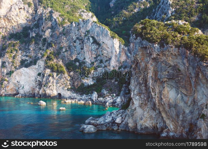 view of the cliffs of the Paleokastritsa bay. island of Corfu, Greece