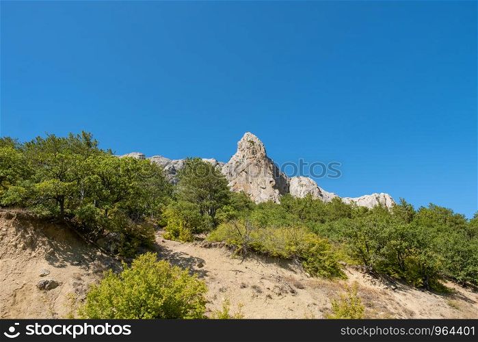 View of the cliffs surrounded by green forest against the blue sky on a summer sunny day, Crimea.