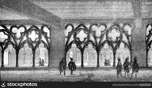 View of the cloister of the former college of Cluny Sorbonne square, vintage engraved illustration. Magasin Pittoresque 1836.