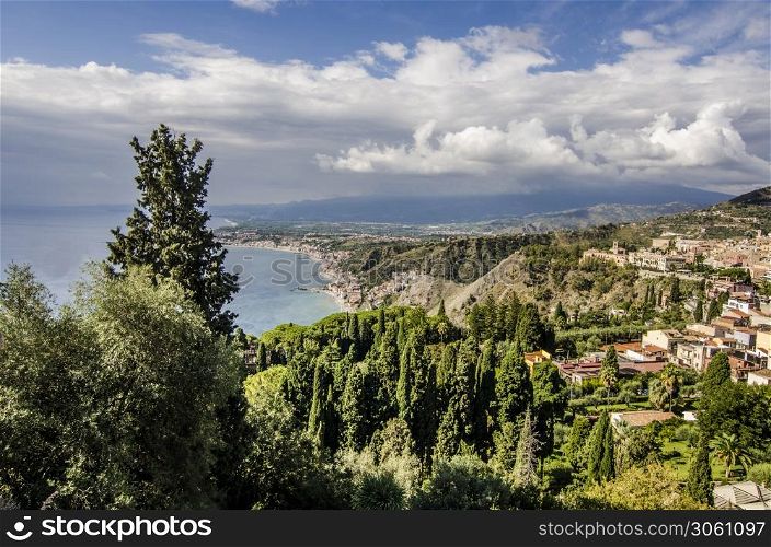 View of the coastline sicilian territory with its vegetation and mountains in the vicinity of the city of taormina