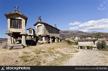 View of the communitarian granaries, called espigueiros, in the village of Soajo, Peneda National Park, Northern Portugal