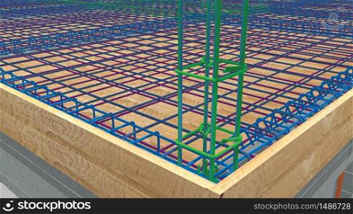 View of the corner of the base of a house under construction where you see the wooden formwork and the steel rods forming the structure and the rods that form the column. 3D Illustration