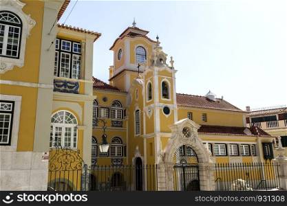 View of the courtyard and chapel of the Palace of the Count of Monte Real built in early 20th century in neo-Baroque and neo-Rococo architectural styles, in Lisbon, Portugal