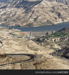 View of the dam of the Wadi Mujib reservoir from the land side, Jordan