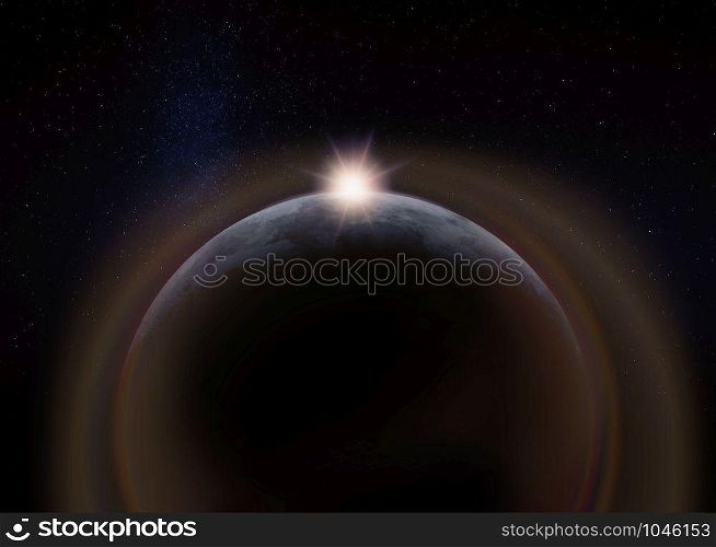 View of the dark hidden side of the Moon with the Sun behind it. Negative space for copy text. Elements of this image furnished by NASA