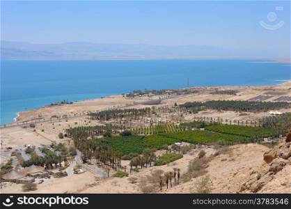 View of the Dead Sea from the slopes of the Judean Mountains in the area of the reserve of Ein Gedi