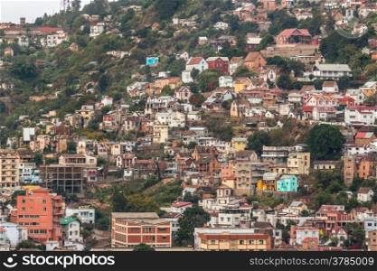 View of the densely packed houses on one of the many hills of Antananarivo, the capital city of Madagascar