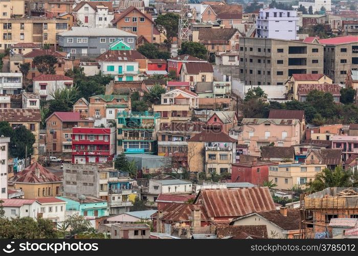 View of the densely packed houses on one of the many hills of Antananarivo, the capital city of Madagascar