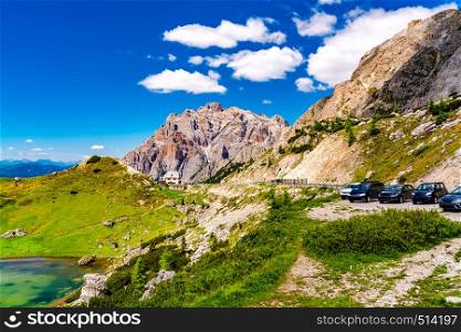 View of the Dolomites Mountain at The Valparola Pass in Belluno Province of Italy