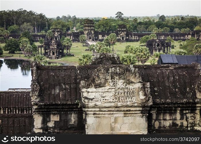 View of the entrance and main courtyard of Angkor Wat in Cambodia from one of the five central towers.&#xA;
