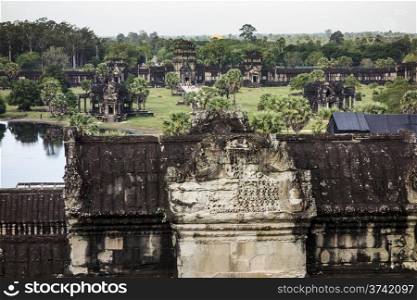 View of the entrance and main courtyard of Angkor Wat in Cambodia from one of the five central towers.&#xA;