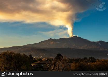 view of the Etna volcano during the last eruption with huge gas leakage