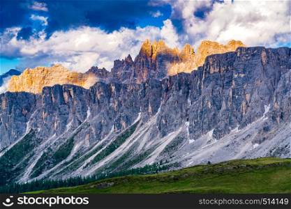 View of the evening sunlight on the Dolomites mountain at Giau Pass in Belluno Italy