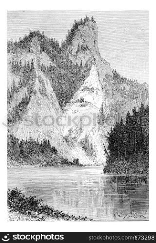View of the Falkenfels and Mount Pionines, in the Tatra Mountains, Poland, drawing by G. Vuillier, from a photograph, vintage engraved illustration. Le Tour du Monde, Travel Journal, 1881