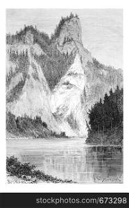 View of the Falkenfels and Mount Pionines, in the Tatra Mountains, Poland, drawing by G. Vuillier, from a photograph, vintage engraved illustration. Le Tour du Monde, Travel Journal, 1881