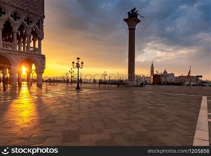 View of the famous Piazza San Marco in the early morning. Italy. Venice.. Venice. St. Mark&rsquo;s Square at dawn.