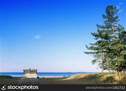 View of the fishing hut and the boat on the sandy shore of the lake with high pine trees on a summer morning. Natural blue sky background with a large copy space, selective focus. Lake Onega, Russia.