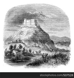 View of the fortress of Spielberg, a state prison in Moravia, vintage engraved illustration. Magasin Pittoresque 1843.