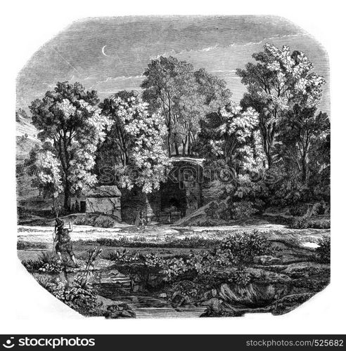 View of the Fountain Egerie, in the countryside of Rome, vintage engraved illustration. Magasin Pittoresque 1846.