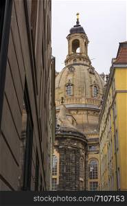 View of the Frauenkirche Lutheran church in Dresden, Germany. Baroque religious architecture.. View of the Frauenkirche Lutheran church in Dresden, Germany.