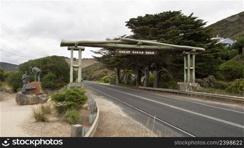 View of the gate of the Great Ocean Road, Victoria, Australia, built between 1919 and 1932