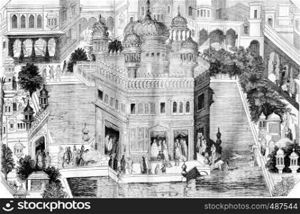 View of the golden temple, pelvis and part of the city of Amritsar in the kingdom of Lahore, vintage engraved illustration. Magasin Pittoresque 1836.