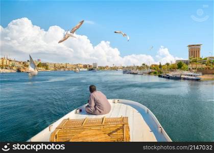 View of the Great Nile in Aswan. Boat on the river Nile