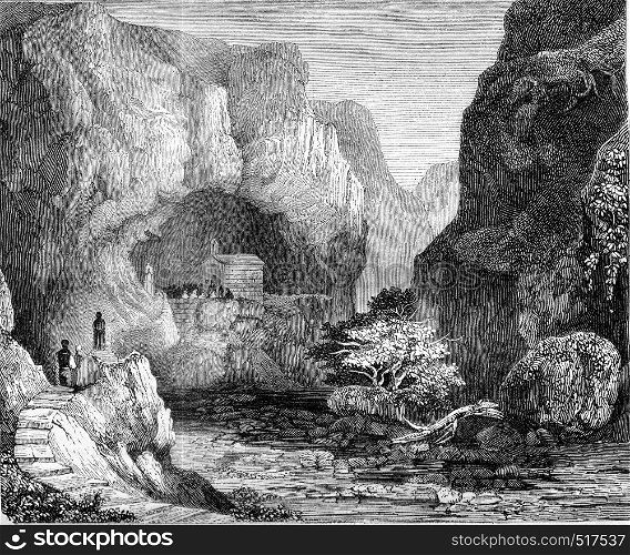 View of the Grotto of Saint Paul, in the valley of Mousta, Malta, vintage engraved illustration. Magasin Pittoresque 1845.