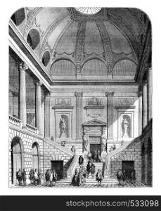 View of the hall and the stairs of the Theatre de Bordeaux, vintage engraved illustration. Magasin Pittoresque 1852.