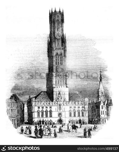 View of the hall of Bruges, vintage engraved illustration. Magasin Pittoresque 1841.