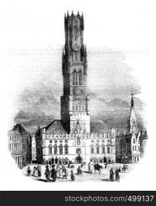 View of the hall of Bruges, vintage engraved illustration. Magasin Pittoresque 1841.