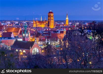 View of the historic center of Gdansk, and St. Mary&rsquo;s Church at night. Gdansk. Poland.. Gdansk. St. Mary&rsquo;s Church at night.