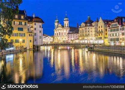 View of the historic city center of Luzern, Jesuitenkirche church and Reuss river, Luzern, Switzerland
