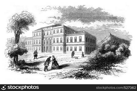 View of the hotel from Neubad, vintage engraved illustration. Magasin Pittoresque 1847.