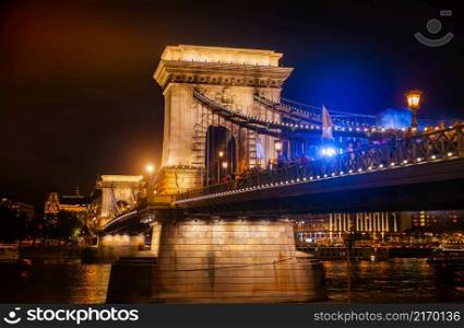 View of the illuminated Chain Bridge in Budapest at night