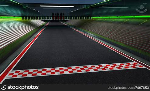 View of the infinity empty asphalt international race track with start and finish line, night scene . 3d rendering .