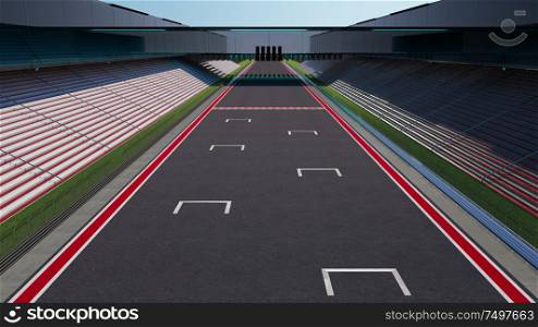 View of the infinity empty asphalt international race track with start and finish line, noon scene . 3d rendering .