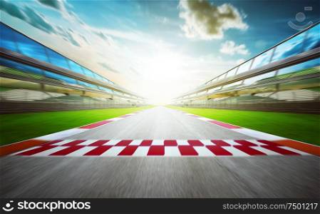 View of the infinity empty asphalt international race track with starting or end line, Motion blurred effect.
