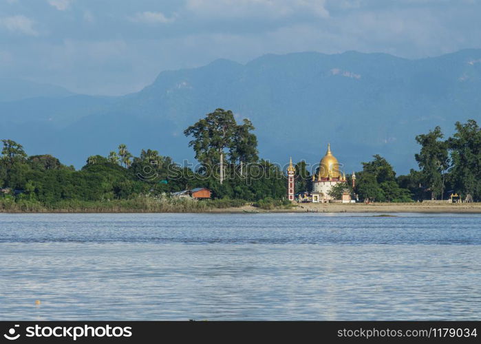 View of the Irrawaddy River and Pagoda in Mandalay, Myanmar (Burma)