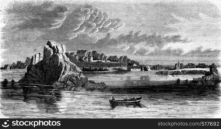 View of the island of Brehat, Port Clos outlet, vintage engraved illustration. Magasin Pittoresque 1845.