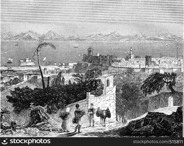 View of the island of Rhodes, vintage engraved illustration. Magasin Pittoresque 1844.
