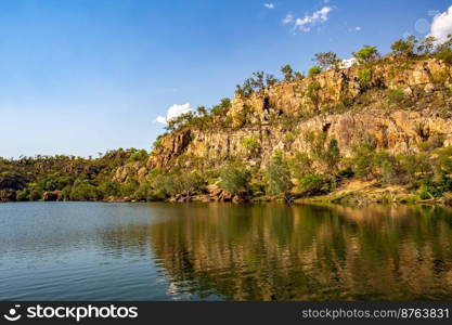 View of the Katherine River and its deep gorge carved through ancient sandstone, in Nitmiluk  Katherine Gorge  National Park, Northern Territory, Australia