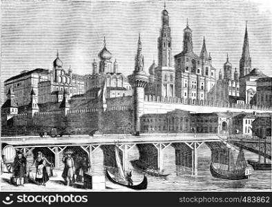 View of the Kremlin and the wooden bridge in Moscow, vintage engraved illustration. Magasin Pittoresque 1836.