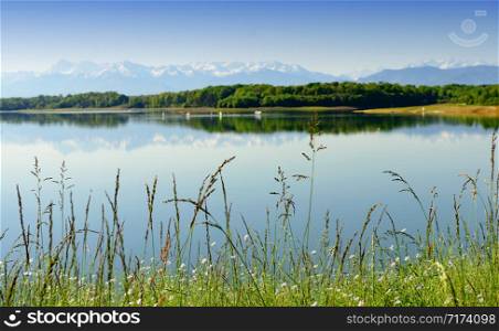 view of the lake in the Pyrenees Atlantiques, mountains in the background