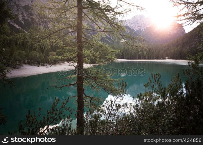 View of the lake lago di Braies at dawn Dolomites Italy