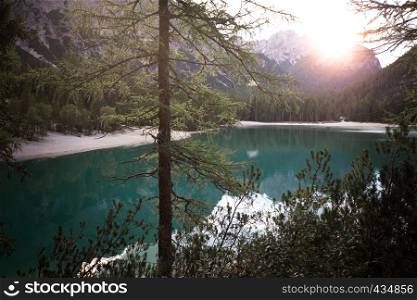 View of the lake lago di Braies at dawn Dolomites Italy