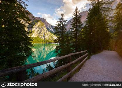 View of the lake lago di Braies at dawn Dolomites Italy