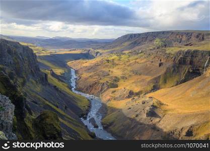 View of the landscape of the Haifoss waterfall in Iceland. Nature and adventure concept background.