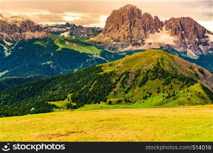 View of the limestone Italian Alps, the Dolomites at the Secada Summit in South Tyrol Region, Italy.