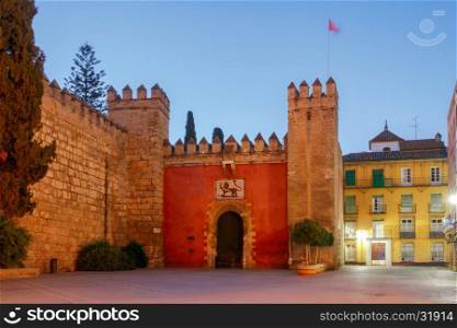 View of the Lion's Gate in Seville in the early morning. Spain. Andalusia.